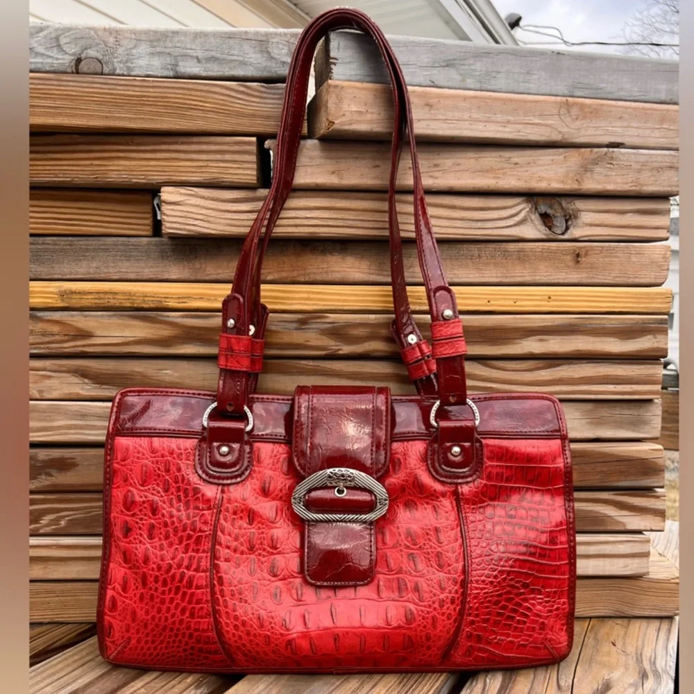 - Red Reptile Embossed Leather Shoulder Bag! EUC!